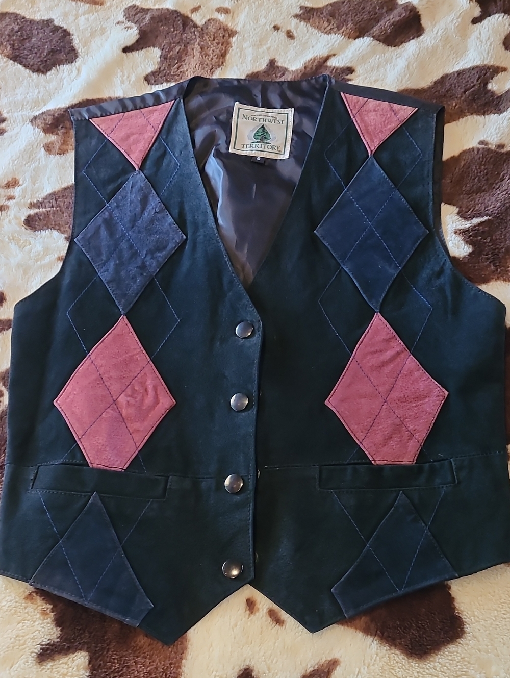 Northwest Territory Black Suede Vest with Pink & Navy Diamond Panels